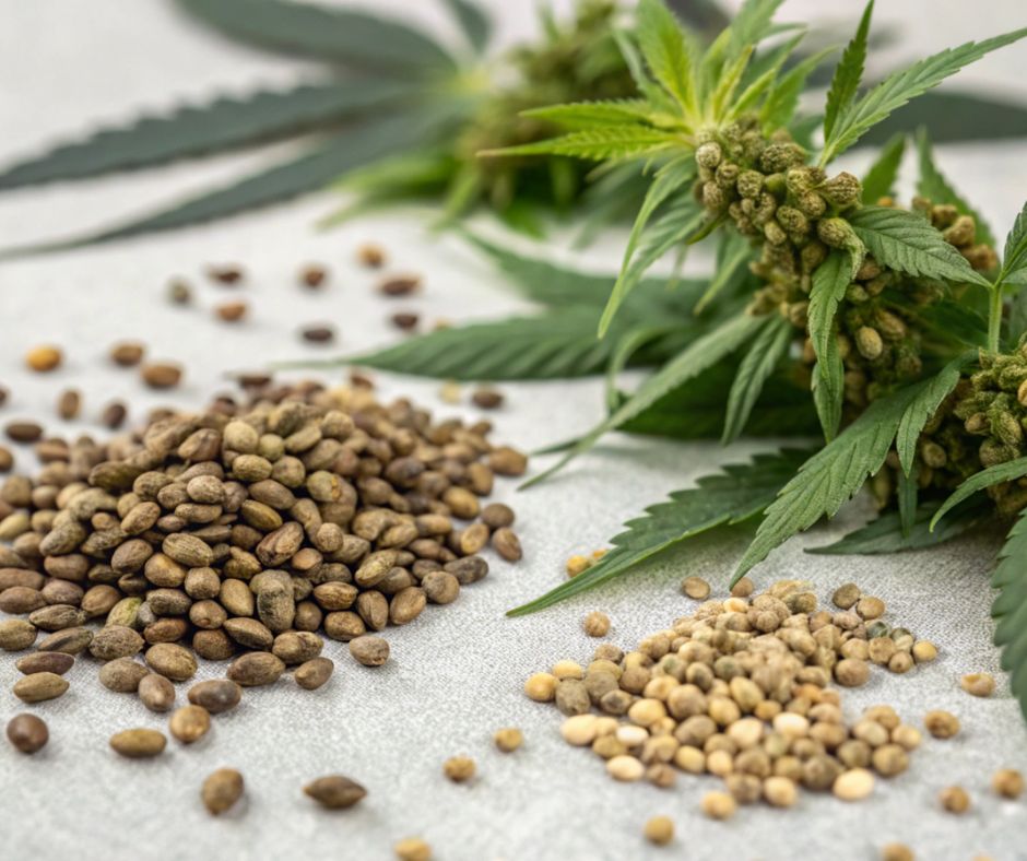 dark brown and light brown cannabis seeds in piles with a hemp flower in the background